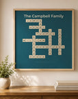 Personalised family crossword print featuring family member names arranged in an interlocking crossword grid, printed on archival matt paper as premium wall art