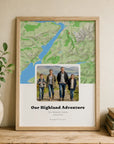 Personalised map & photo print, Waypoint, in an oak coloured frame, portrait, with a green Highland terrain map and red pin above a family walking photo, titled Our Highland Adventure.