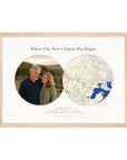 Personalised location map & photo print, Meridian, in an oak coloured frame, landscape, with a circular photo of a couple in the countryside beside a circular cream and navy map of the Dorset coast.