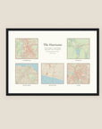 Personalised multi-location map print, five places, in a black frame, A3 landscape