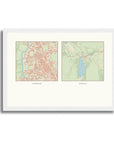 Personalised multi-location map print, in a white frame, A4 landscape