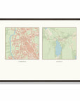 Personalised multi-location map print, in a black frame, A2 landscape