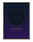 Personalised star map print, Aurum, in a black frame, A2 portrait