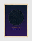 Personalised star map print, Aurum, in an oak coloured frame, A4 portrait