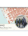 Front cover of the Personalised Map, Route & Star Calendar 2027 — Your Year: a terracotta and cream map of Liverpool’s waterfront, a round photo of the Beatles statue at Pier Head, and the caption “2027, Places, Routes, Stars – Our FAB family times and places”