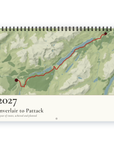 Front cover of the Personalised Route Map Calendar 2027 — Routes: a red route traced along Loch Laggan on a green hill-shaded map of the Scottish Highlands, with the caption “2027, Inverlair to Pattack – A year of routes, achieved and planned.”