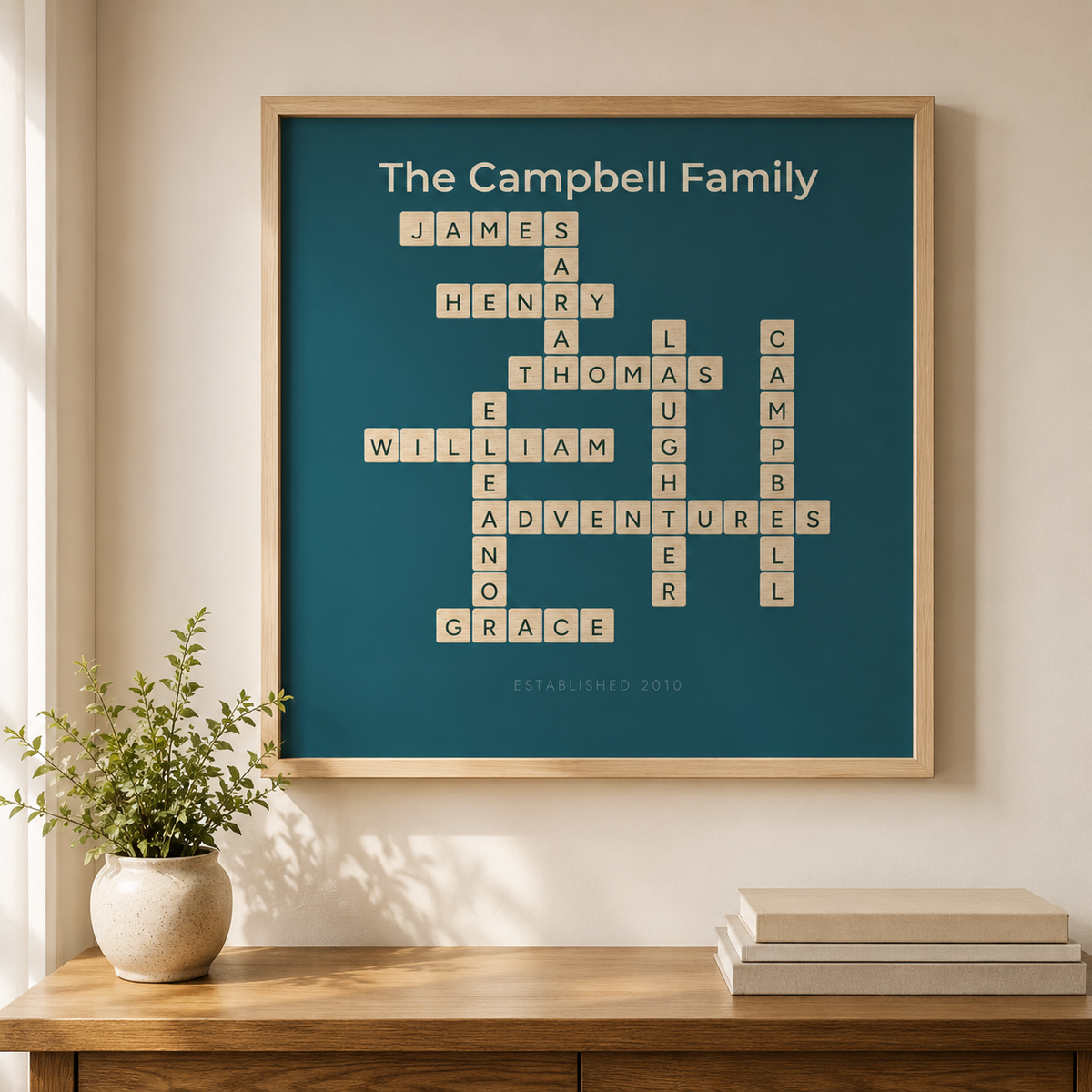 Black-framed personalised word art print in crossword style with family names and established date