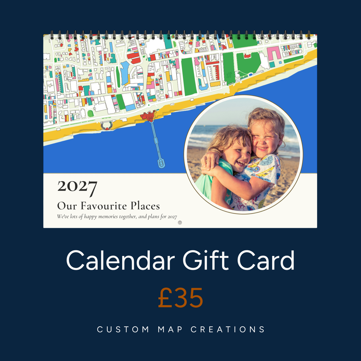 Calendar gift card from Custom Map Creations, £35, shown with a personalised 2027 map and photo calendar