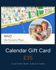 Calendar gift card from Custom Map Creations, £35, shown with a personalised 2027 map and photo calendar