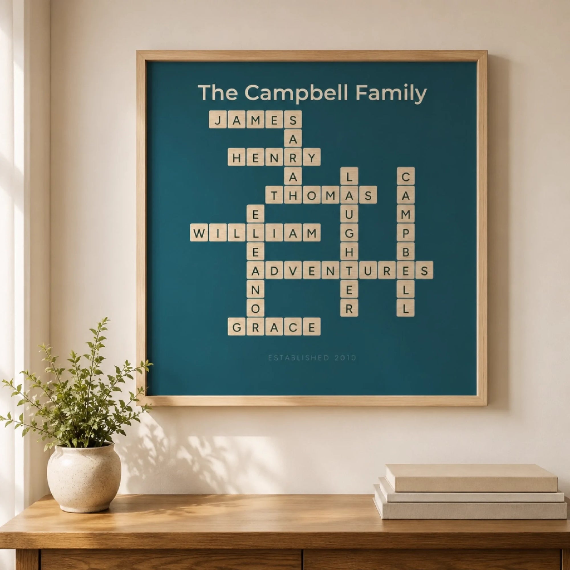 Personalised family crossword print featuring family member names arranged in an interlocking crossword grid, printed on archival matt paper as premium wall art
