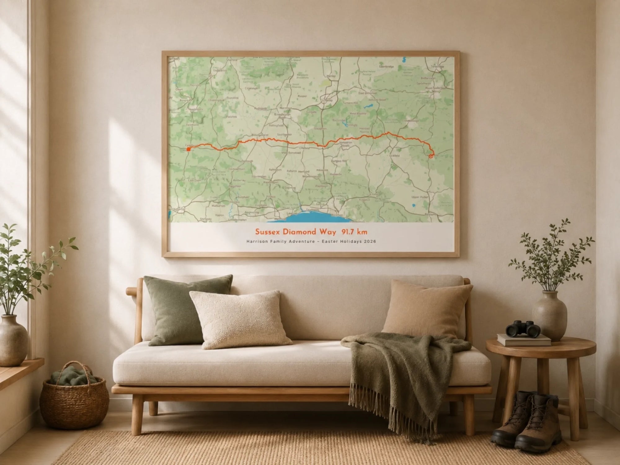 An oak-framed landscape route map print showing the Sussex Diamond Way trail traced in orange across a detailed green countryside map, hanging above a cream sofa styled with olive and tan cushions, a woven throw, walking boots, and hiking binoculars.
