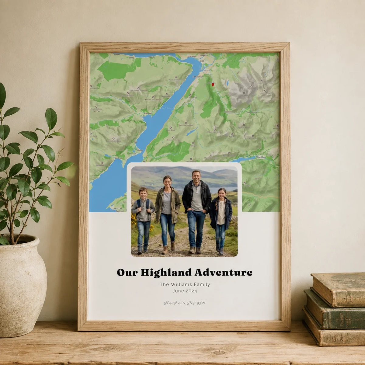Personalised map & photo print, Waypoint, in an oak coloured frame, portrait, with a green Highland terrain map and red pin above a family walking photo, titled Our Highland Adventure.