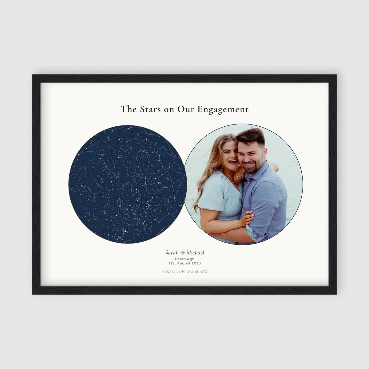 Personalised star map & photo print, Lodestar, in a black frame, landscape, with a navy constellation star map and a circular photo of a couple side by side.
