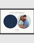 Personalised star map & photo print, Lodestar, in a black frame, landscape, with a navy constellation star map and a circular photo of a couple side by side.