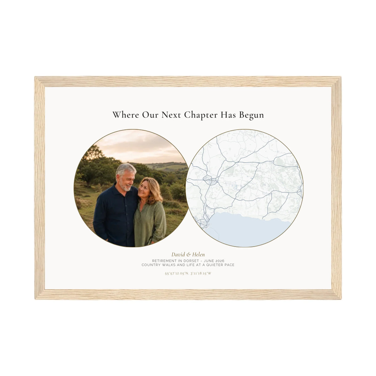 Personalised location map &amp; photo print, Meridian, in an oak coloured frame, A4 landscape