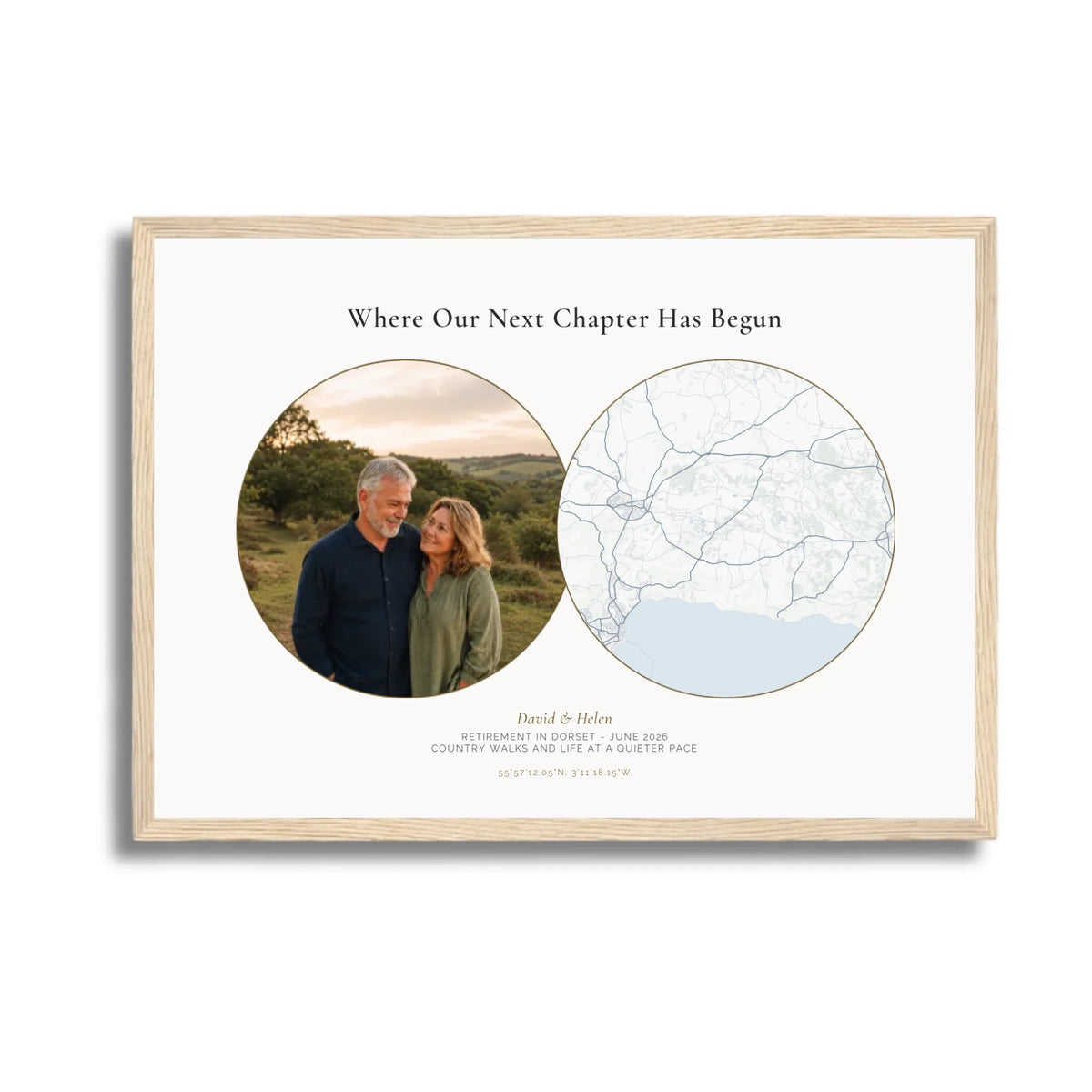 Personalised location map &amp; photo print, Meridian, in an oak coloured frame, A3 landscape