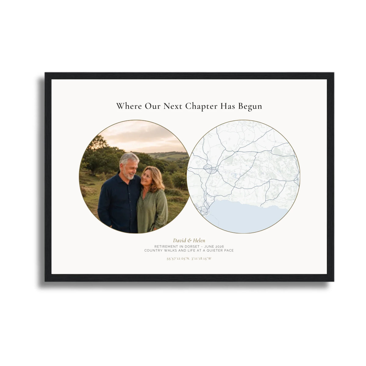 Personalised location map &amp; photo print, Meridian, in a black frame, A3 landscape