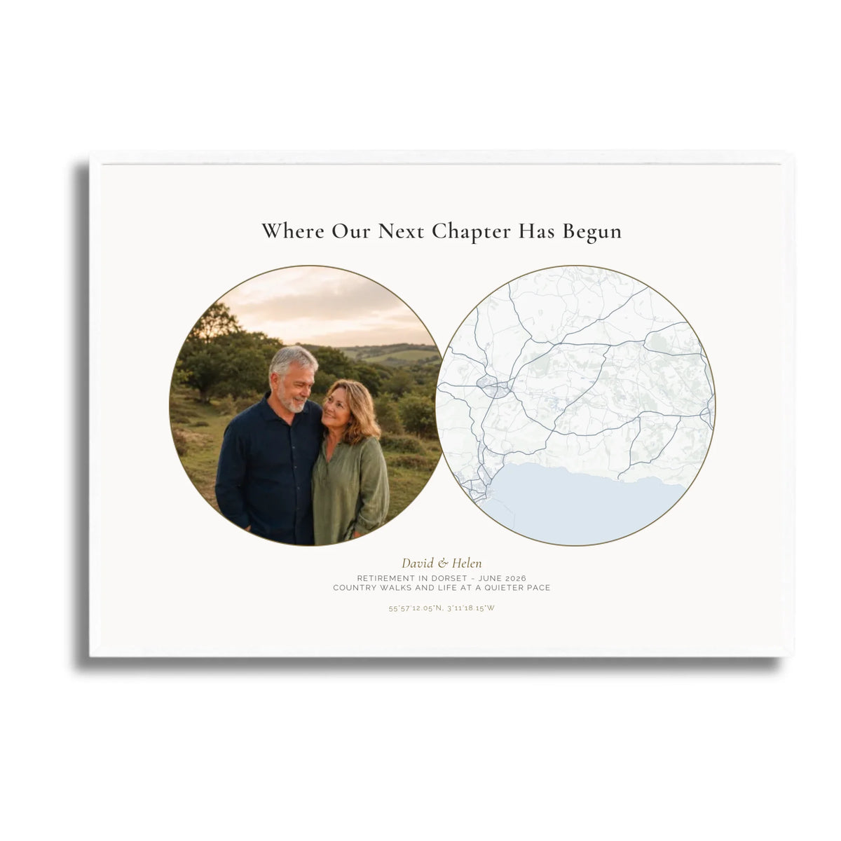 Personalised location map &amp; photo print, Meridian, in a white frame, A2 landscape