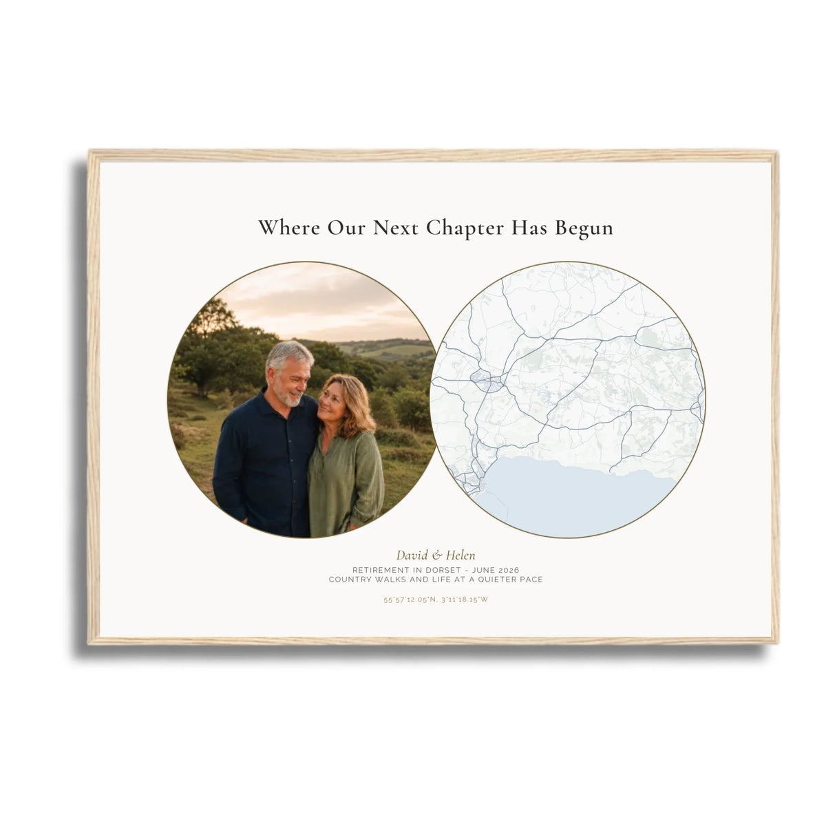 Personalised location map &amp; photo print, Meridian, in an oak coloured frame, A2 landscape