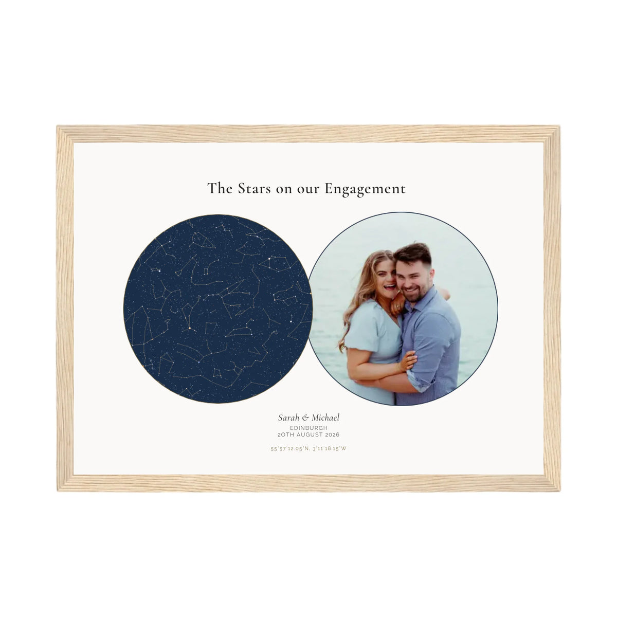 Personalised star map &amp; photo print, Lodestar, in an oak coloured frame, A4 landscape