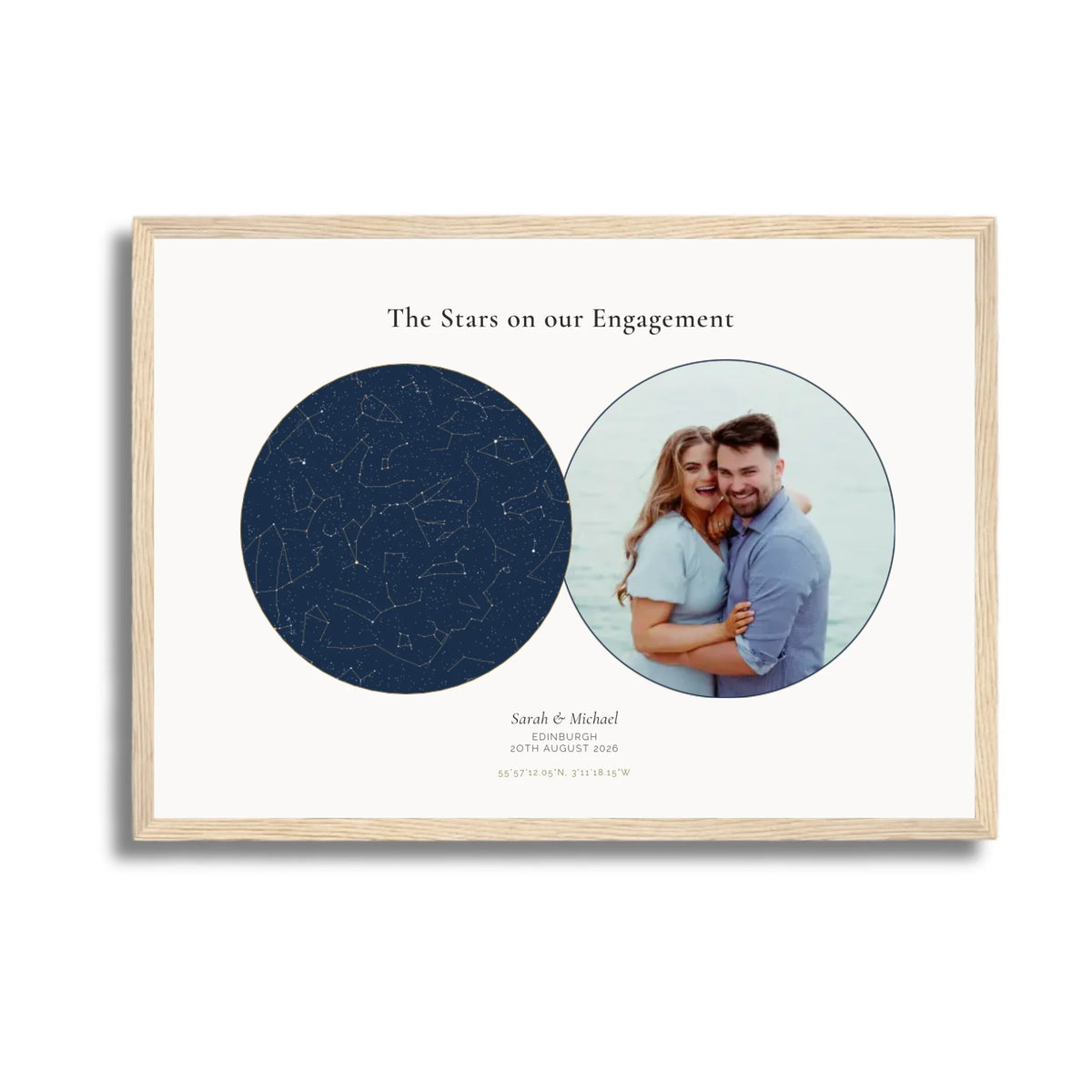 Personalised star map &amp; photo print, Lodestar, in an oak coloured frame, A3 landscape