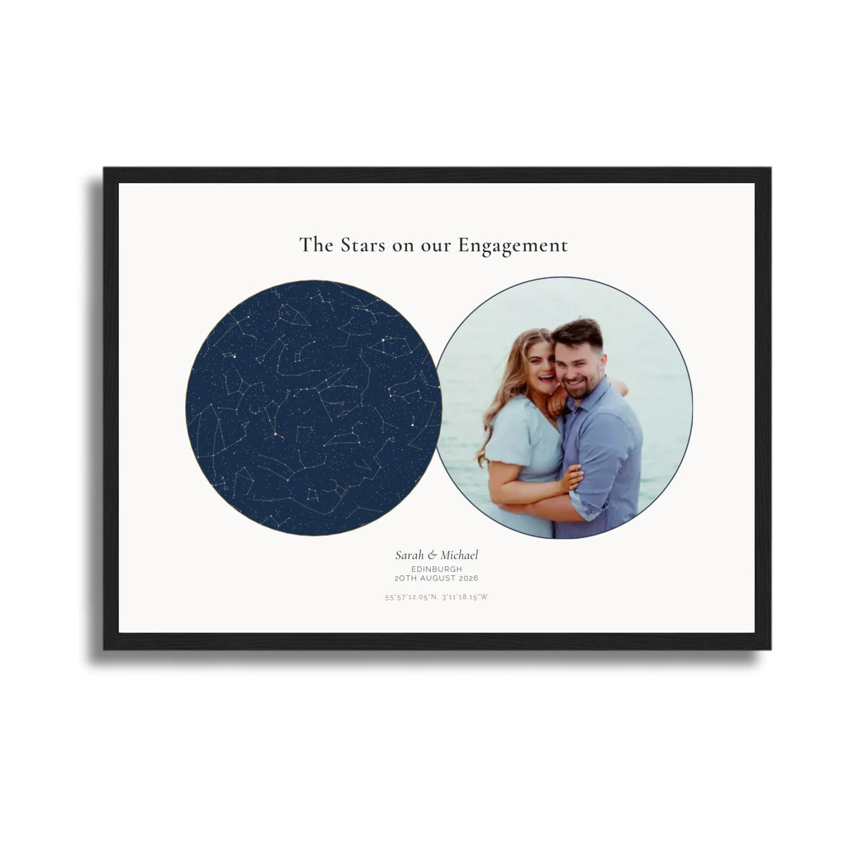 Personalised star map & photo print, Lodestar, in a black frame, A3 landscape