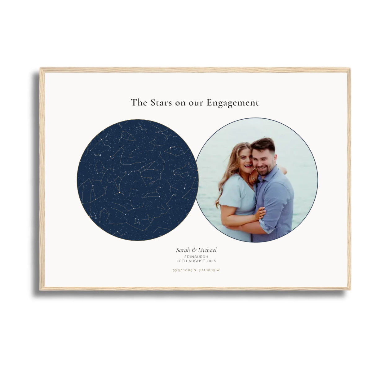 Personalised star map &amp; photo print, Lodestar, in an oak coloured frame, A2 landscape