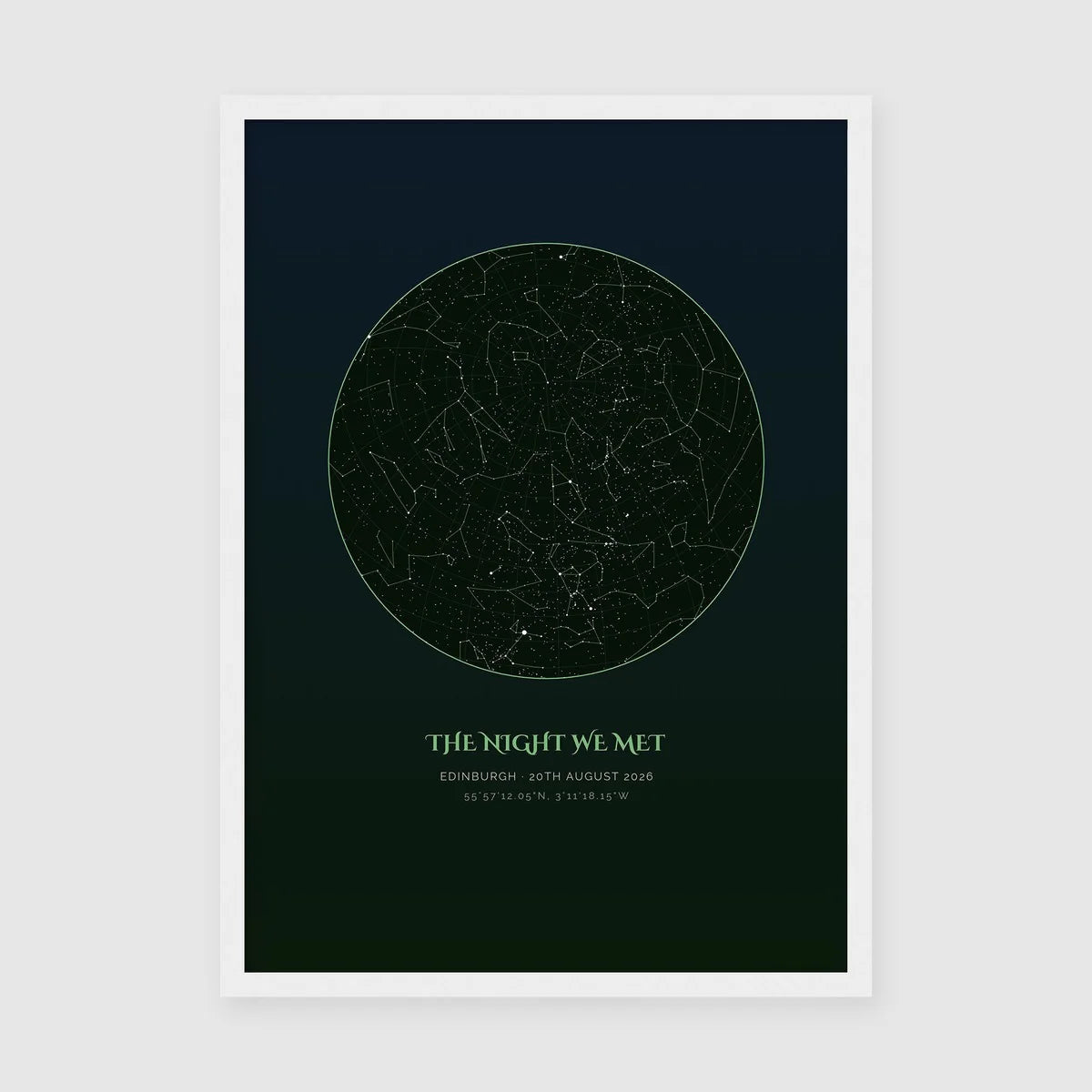 Personalised star map print, Verdant, in a white frame, portrait, with a circular constellation map in a pale green ring on a navy-to-deep-green background, above a title, place, date and coordinates.