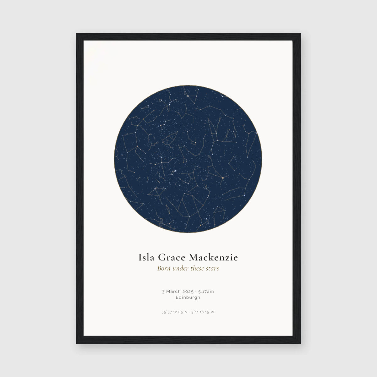 Personalised star map print, Jewel, in a black frame, A3 portrait