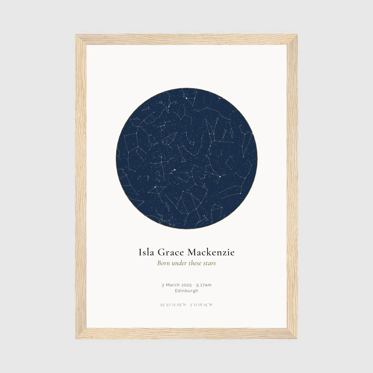 Personalised star map print, Jewel, in an oak coloured frame, A4 portrait