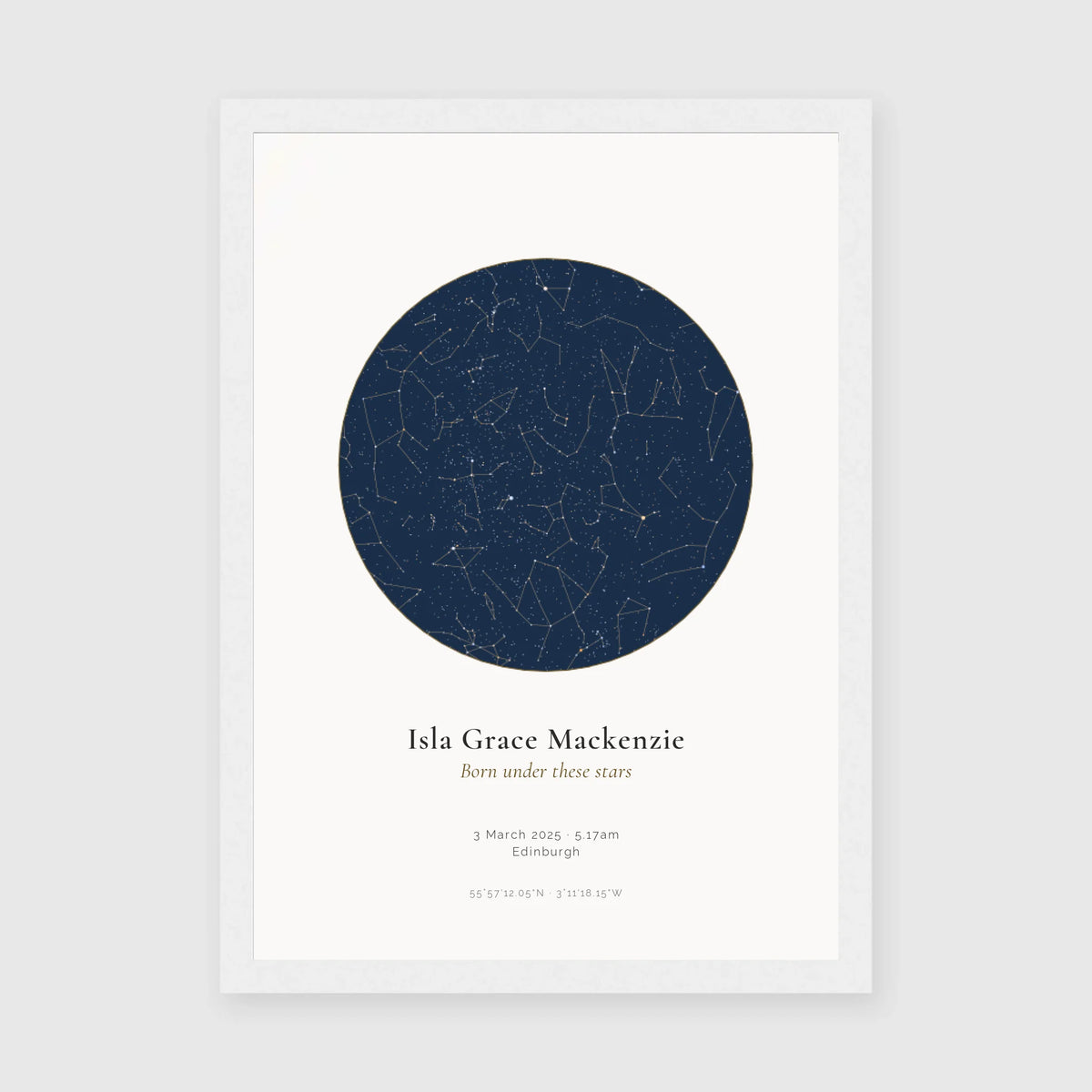 Personalised star map print, Jewel, in a white frame, A4 portrait