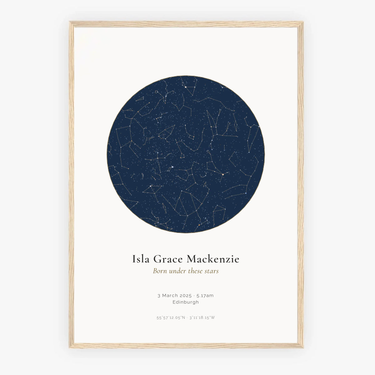 Personalised star map print, Jewel, in an oak coloured frame, A2 portrait