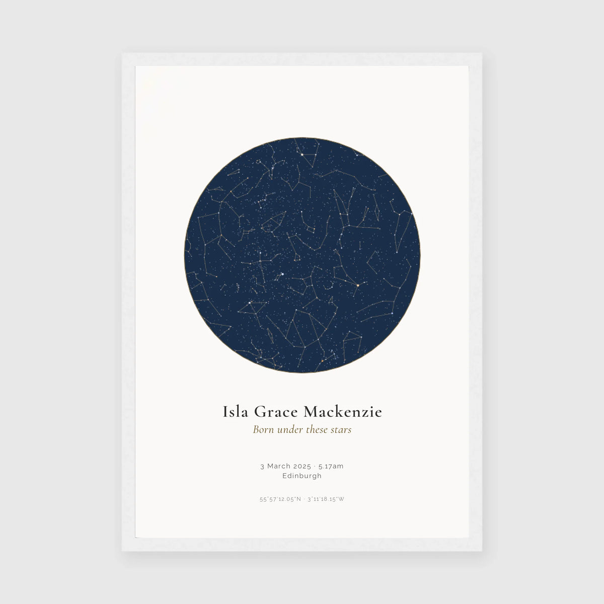 Personalised star map print, Jewel, in a white frame, A3 portrait