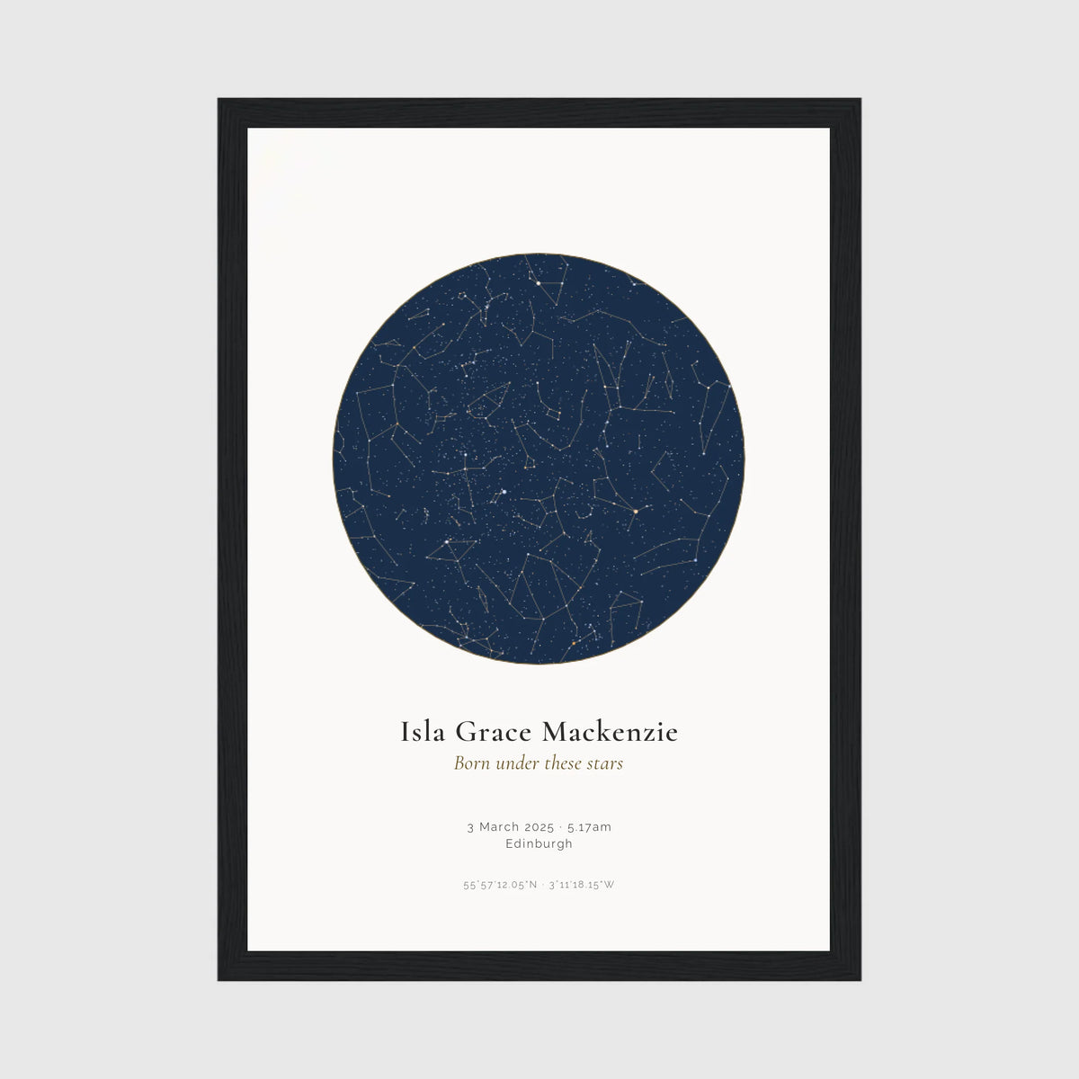 Personalised star map print, Jewel, in a black frame, A4 portrait
