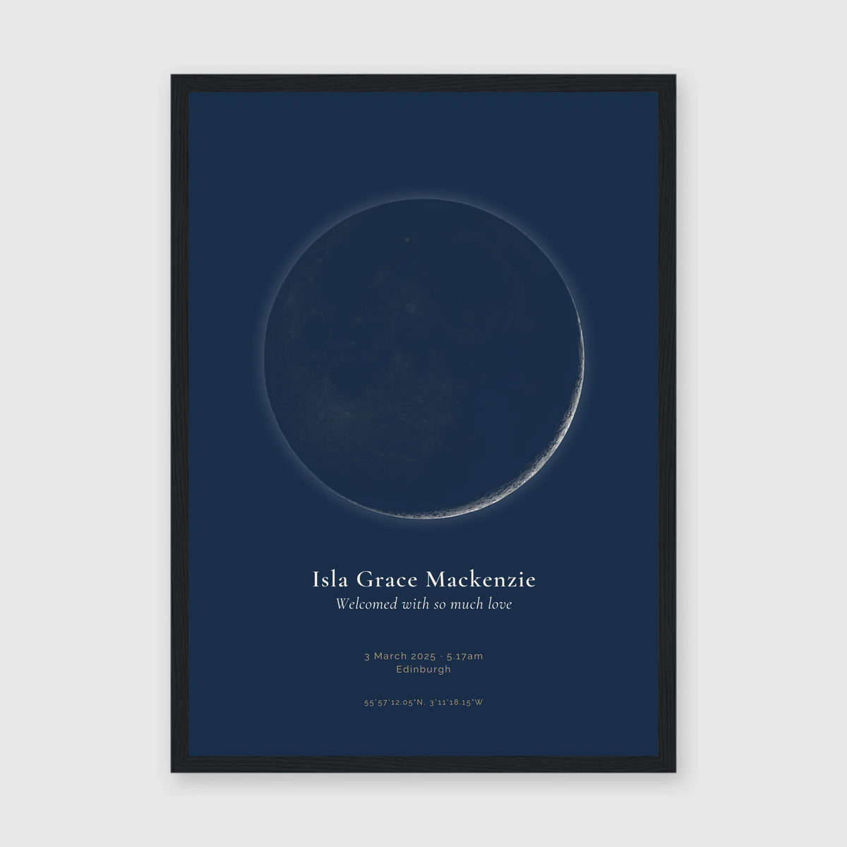 Personalised moon phase print, Jewel, in a black frame, A3 portrait