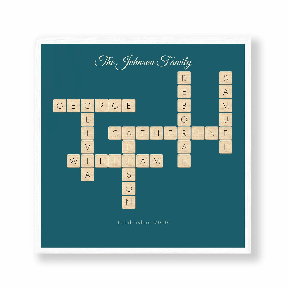 Personalised crossword print in a white frame, 10 inch square
