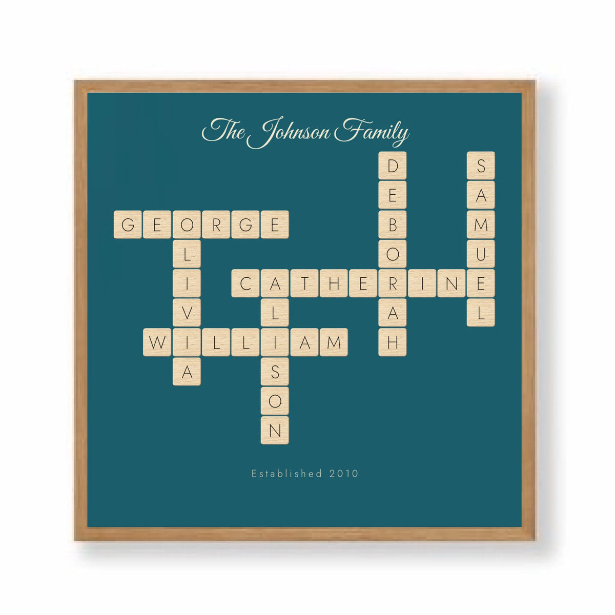 Personalised crossword print in an oak coloured frame, 10 inch square