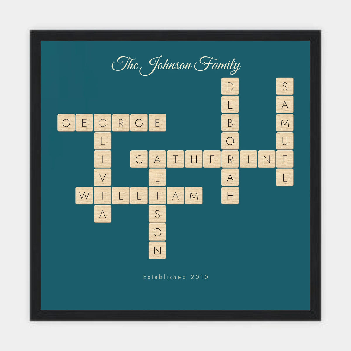 Personalised crossword print in a black frame, 12 inch square