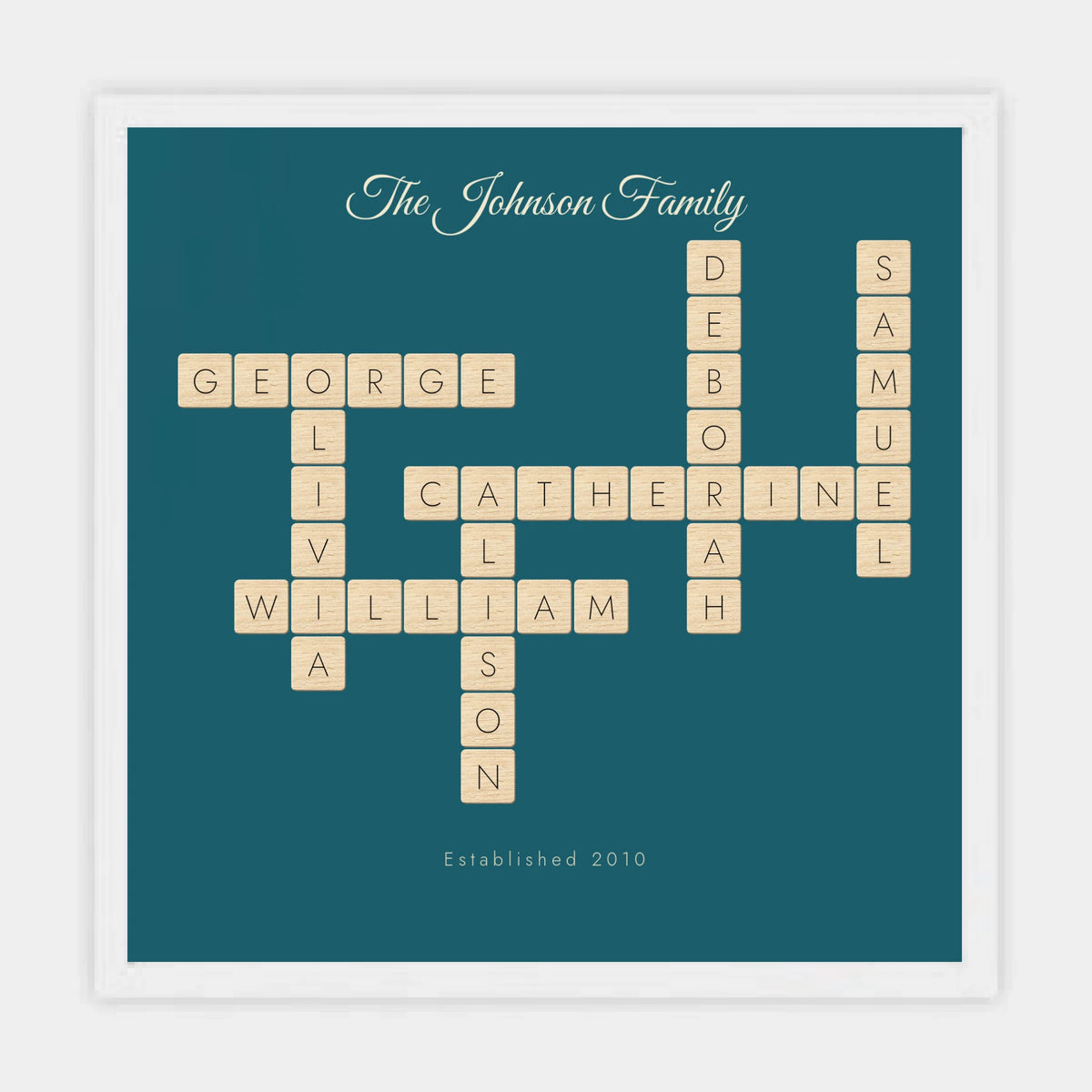 Personalised crossword print in a white frame, 12 inch square