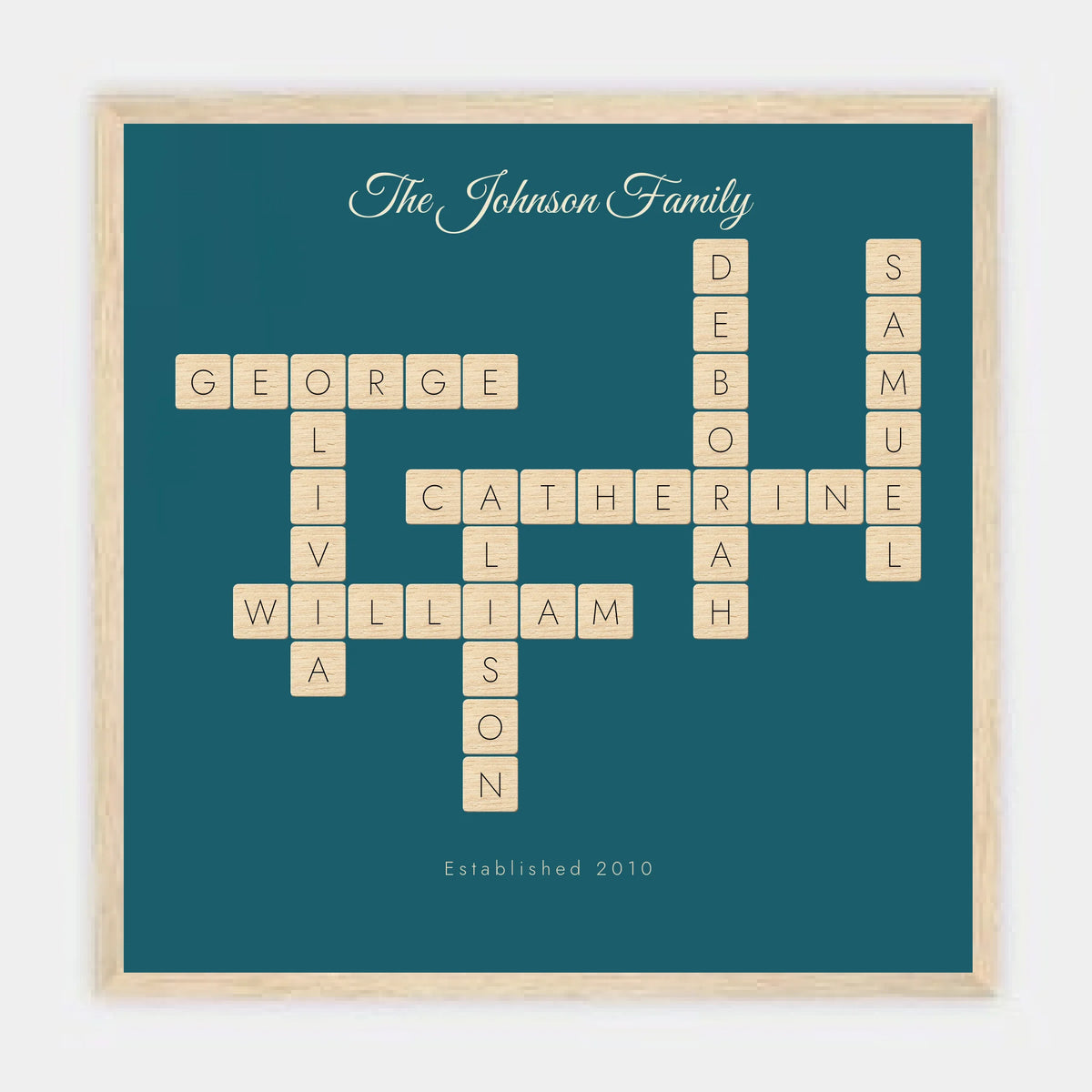 Personalised crossword print in an oak coloured frame, 12 inch square