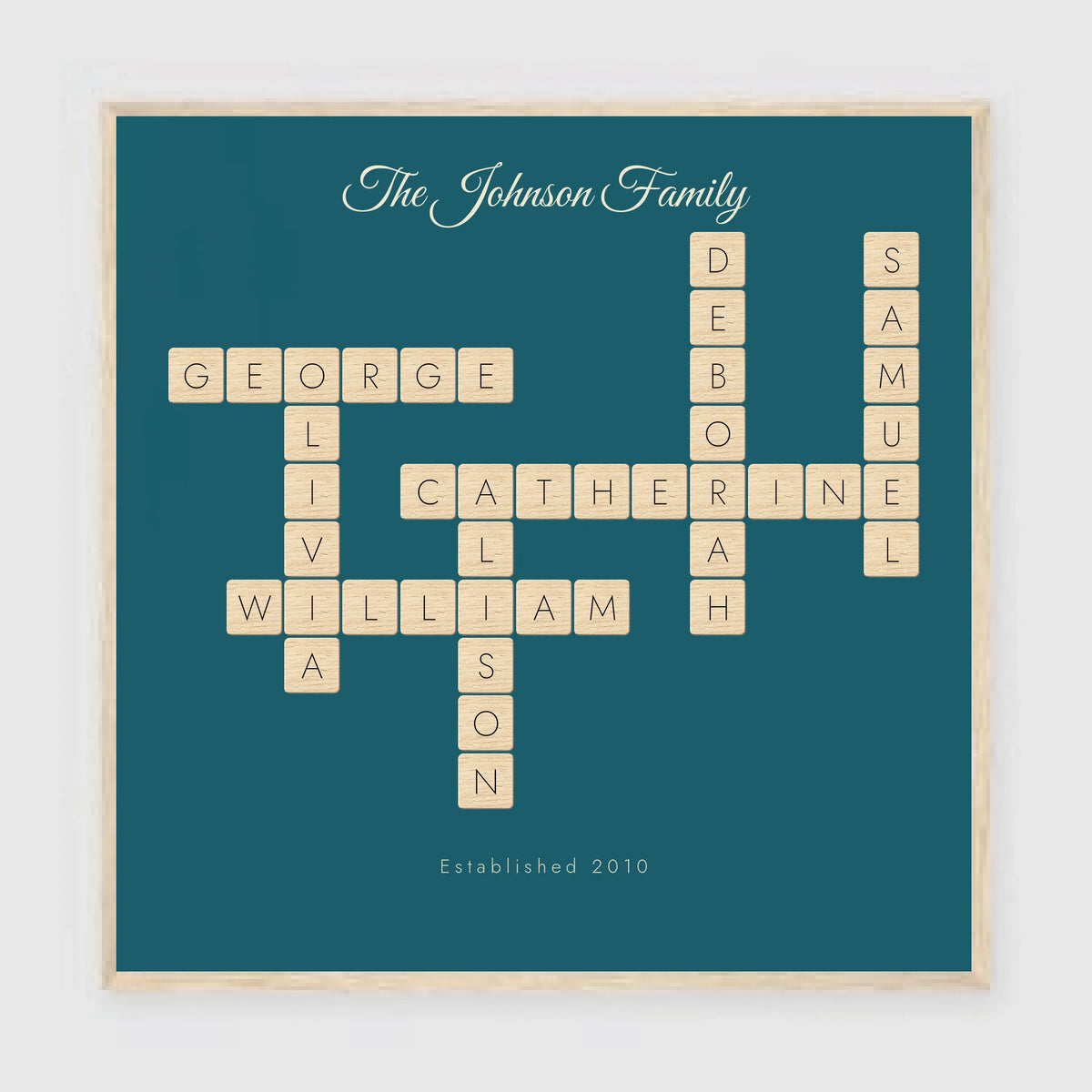 Personalised crossword print in an oak coloured frame, 24 inch square