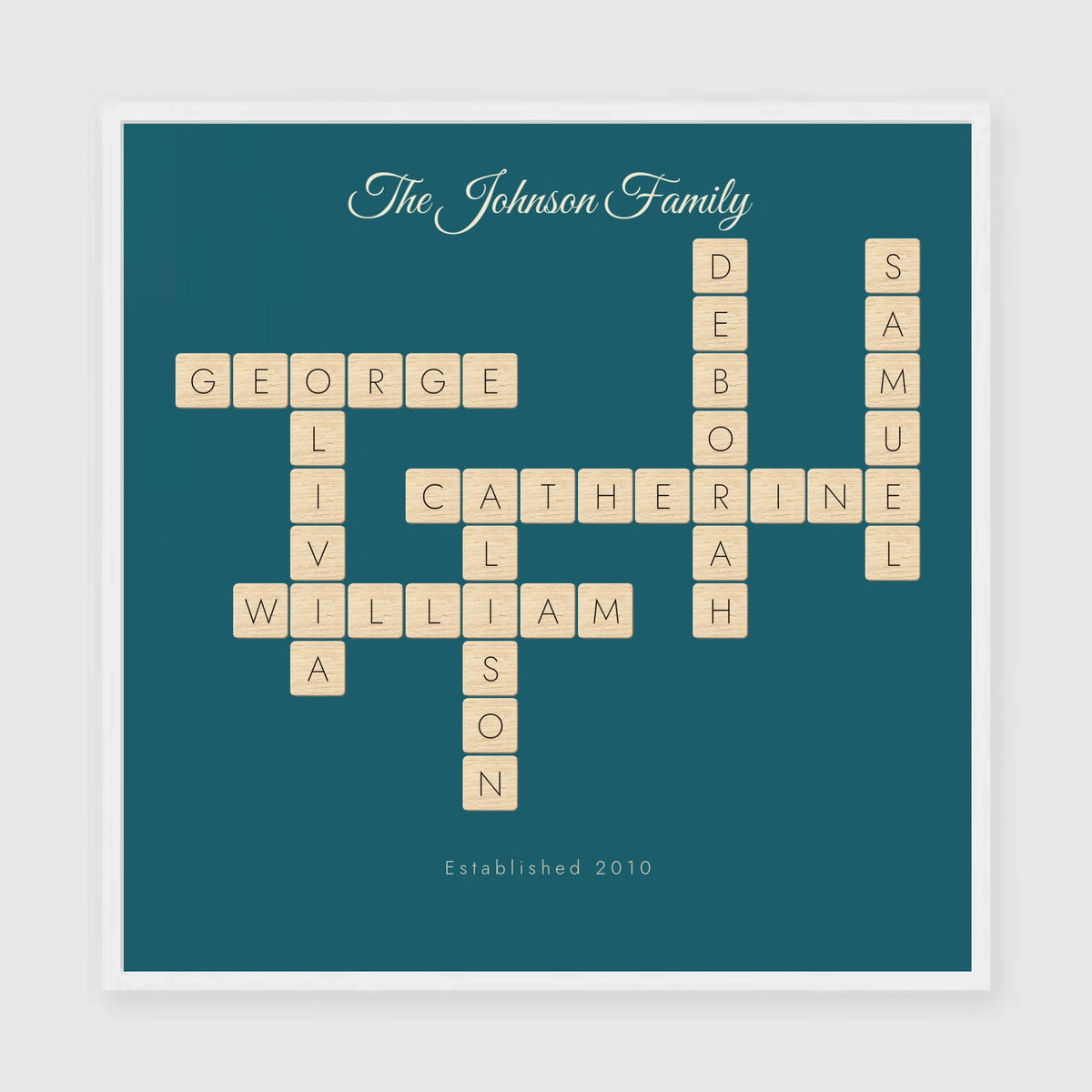 Personalised crossword print in a white frame, 24 inch square