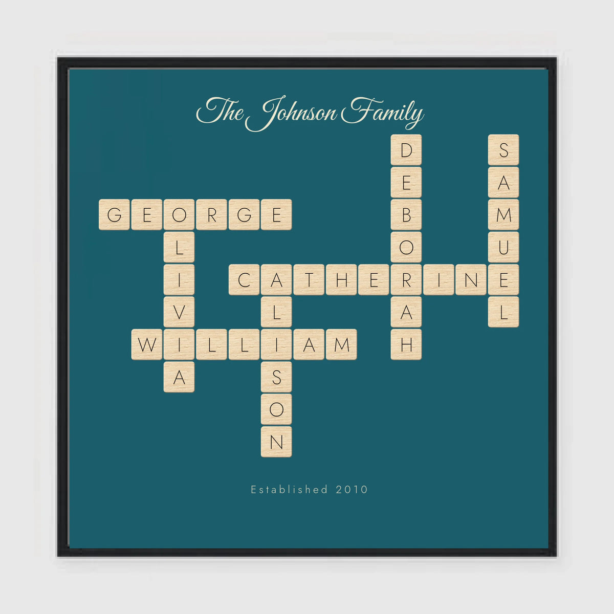 Personalised crossword print in a black frame, 24 inch square