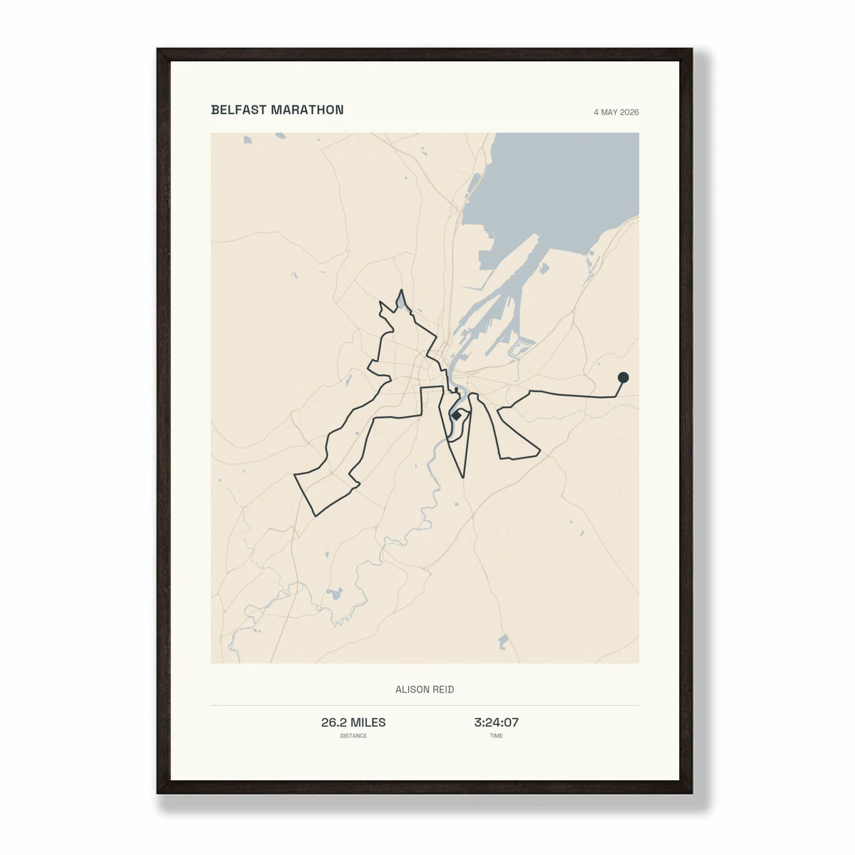 Personalised route map print in a black frame, A2 portrait