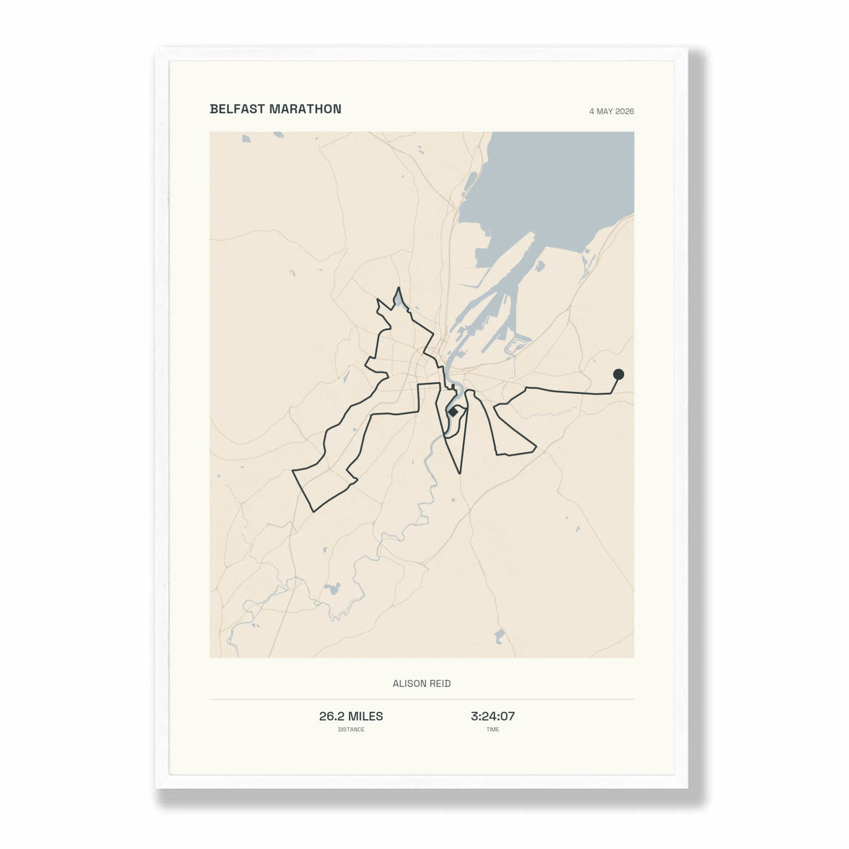 Personalised route map print in a white frame, A2 portrait