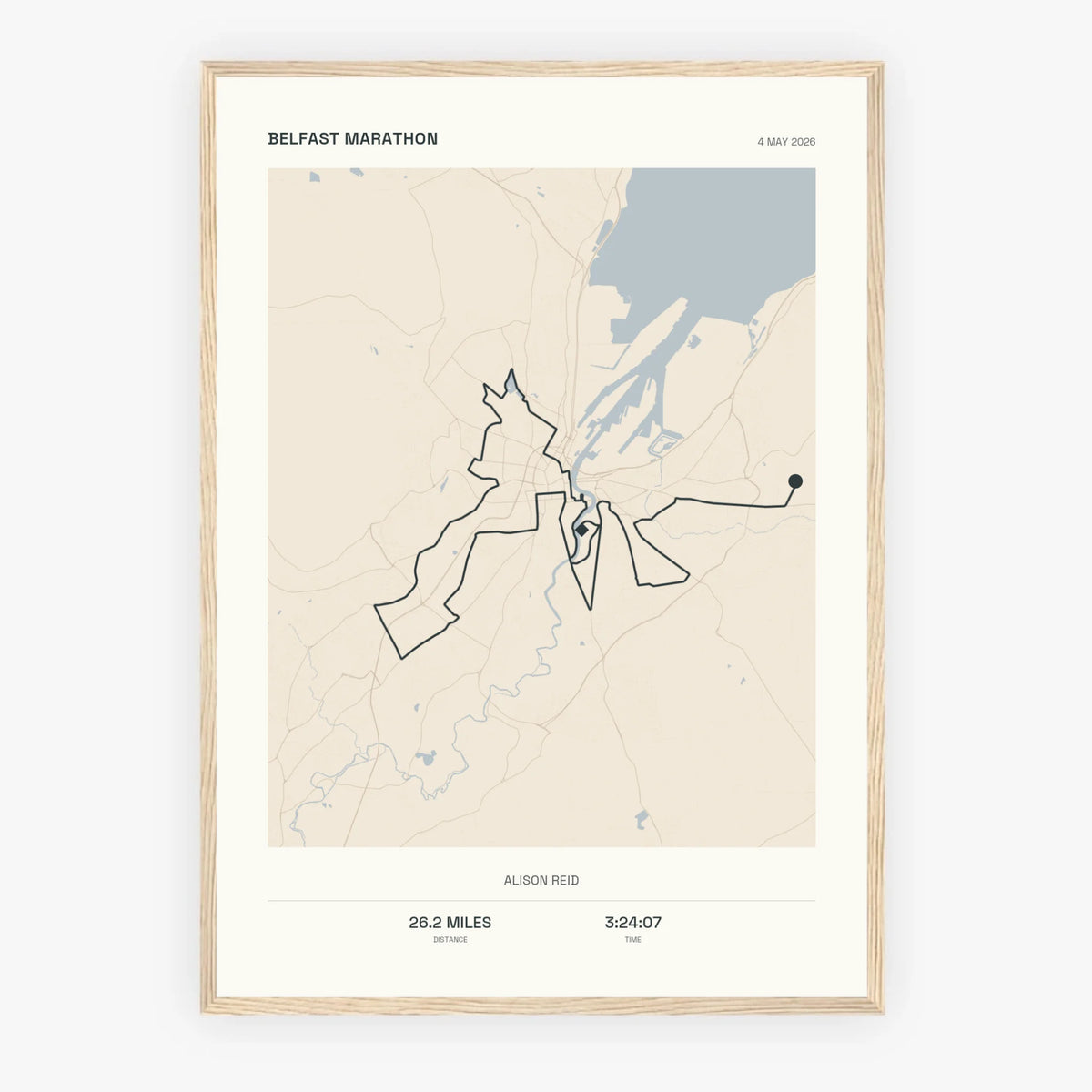 Personalised route map print in an oak coloured frame, A2 portrait