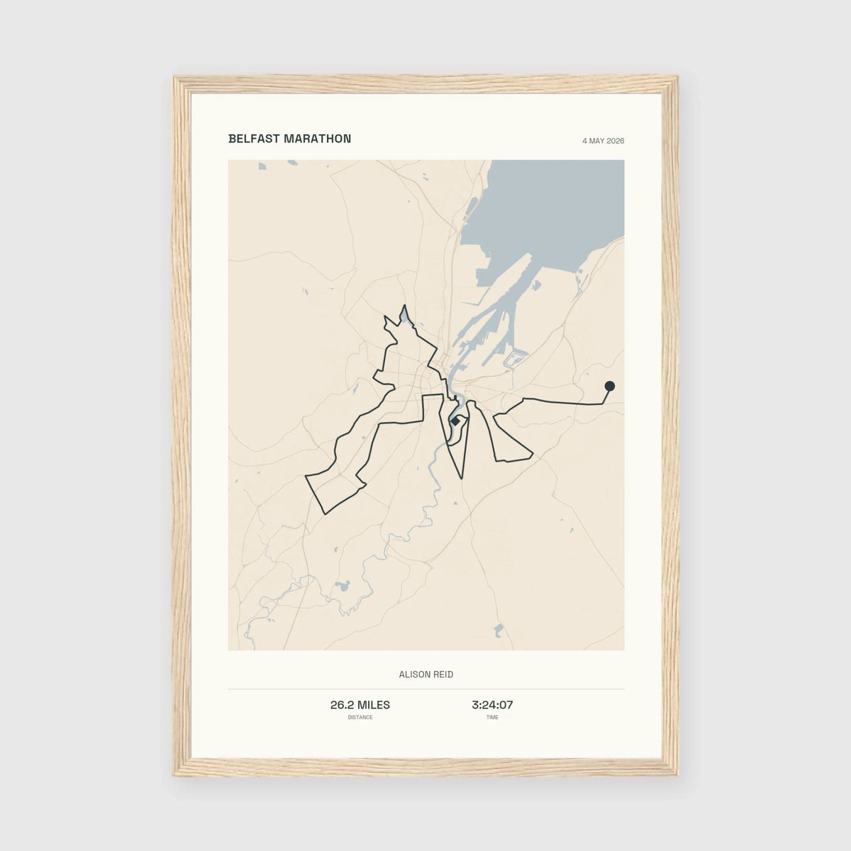 Personalised route map print in an oak coloured frame, A3 portrait
