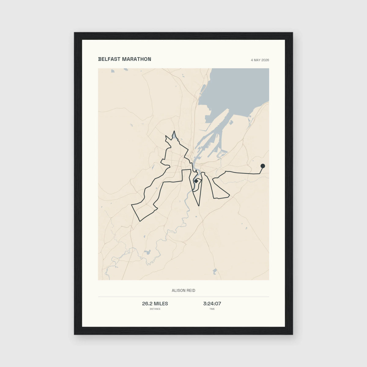 Personalised route map print in a black frame, A3 portrait