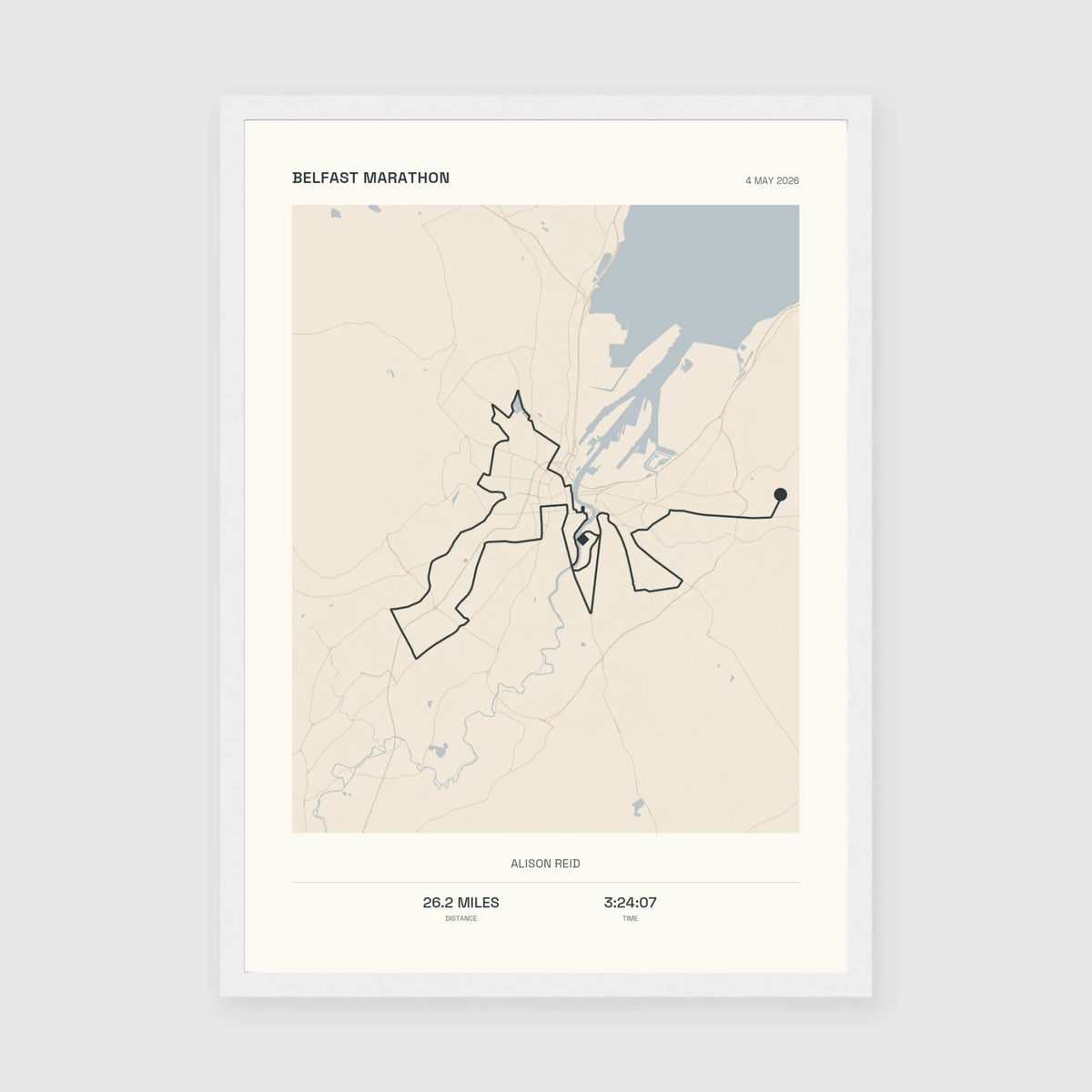 Personalised route map print in a white frame, A3 portrait