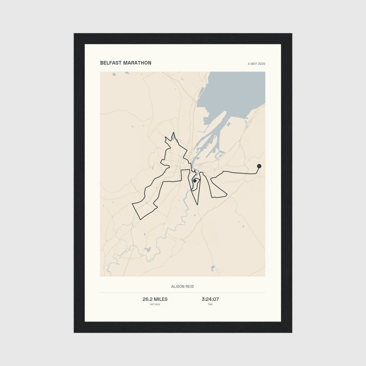 Personalised route map print in a black frame, A4 portrait